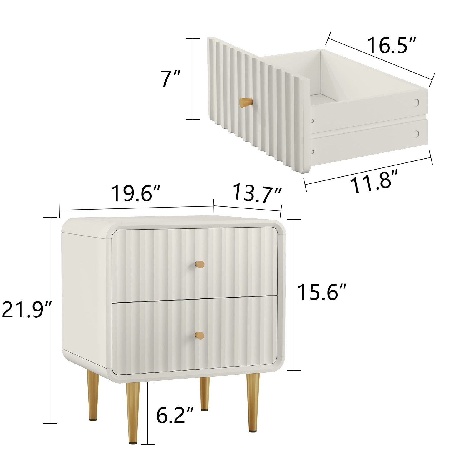 CBJCBJ 20" Modern Fluted Nightstand Set of 1, White Wood Bedside Table with 2 Drawers & Gold Metal Handles（White）