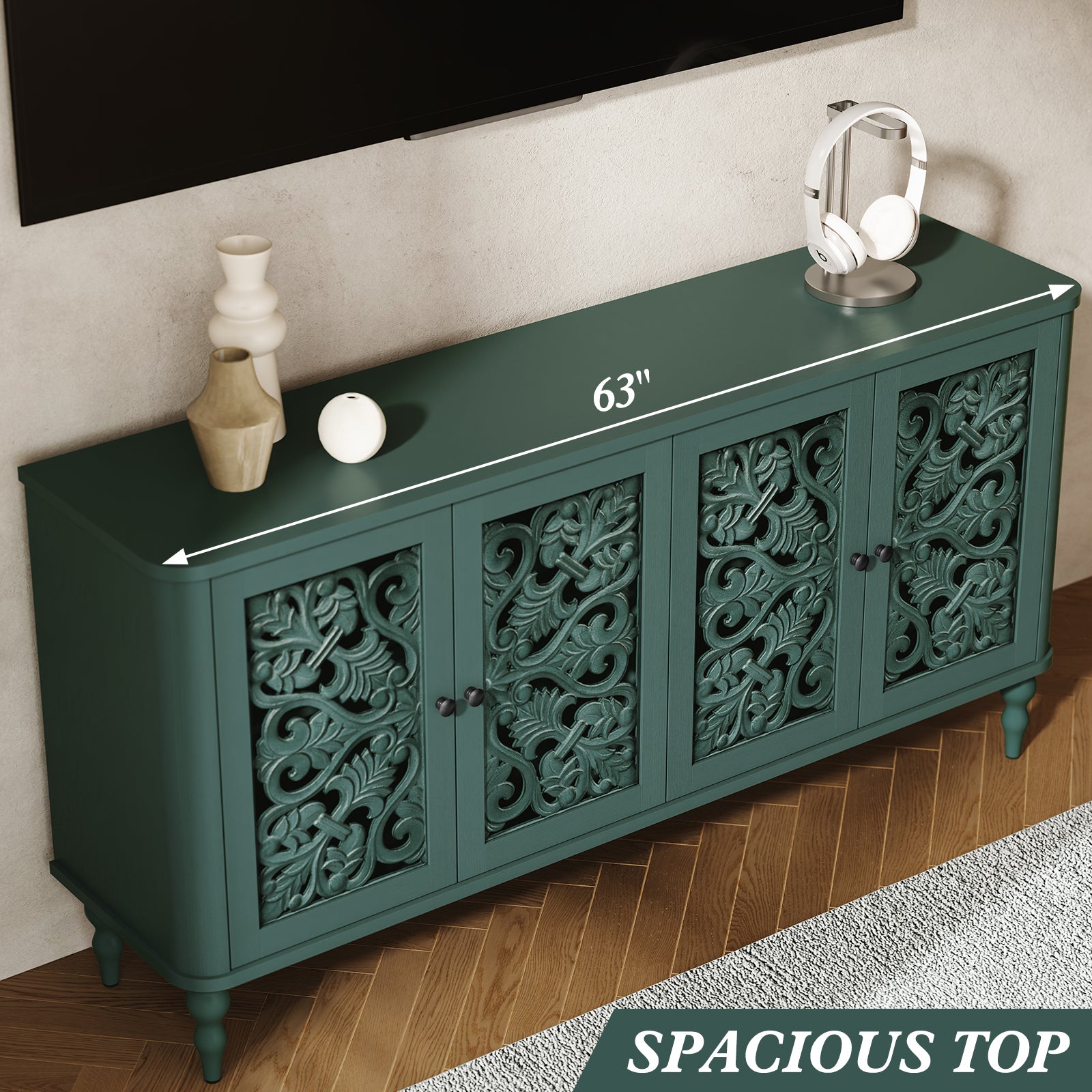HLR 63" Mid Century Rounded Corners Sideboards Buffets Cabinet with 4 Doors Storage for Kitchen Dining, Green