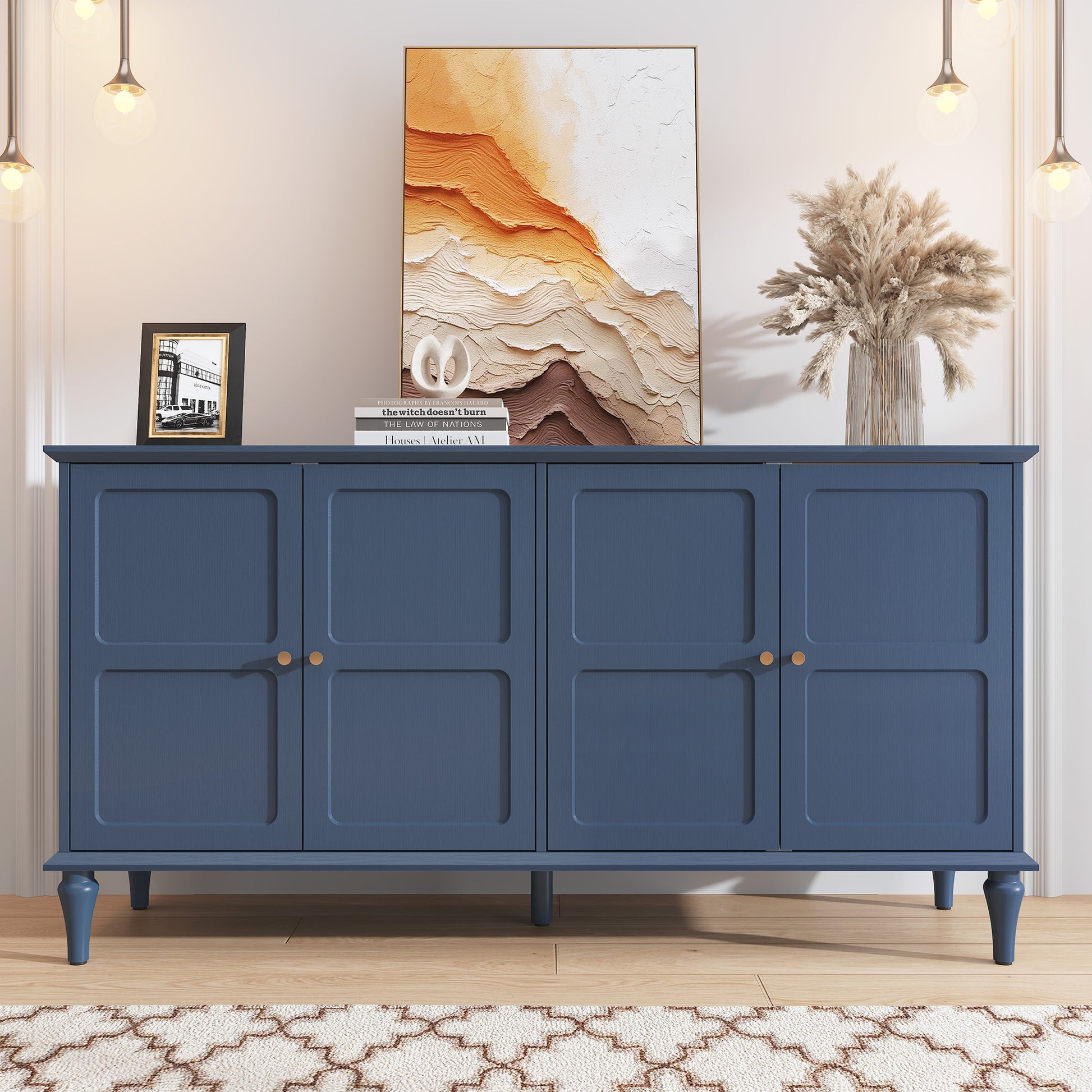 CBJCBJ Mid-Century 58'' Wood 4 Door Sideboard Buffet Cabinet for Living Dining & Bedroom, Blue