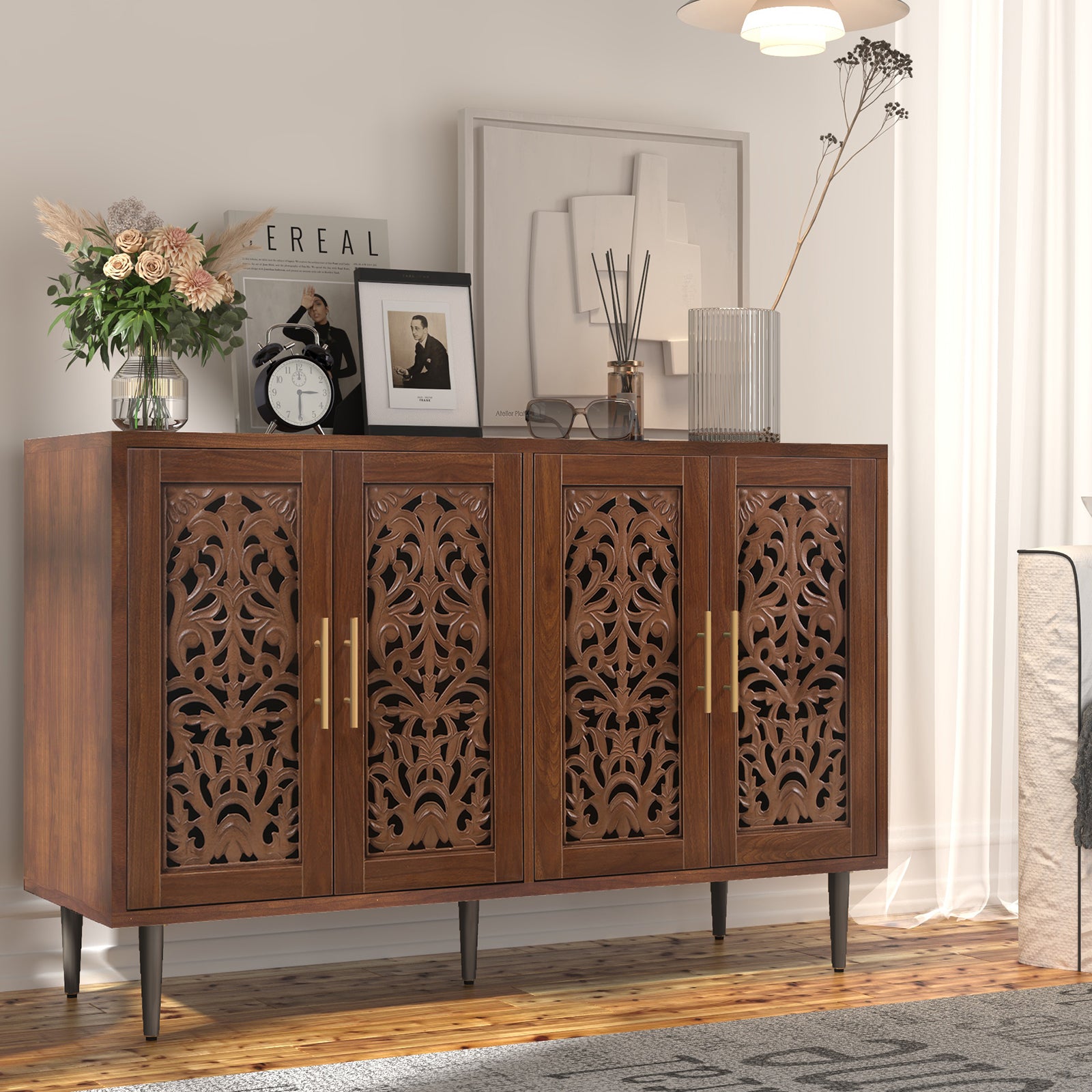 CBJCBJ 48″ Retro Storage Cabinet with 4 Doors, Hollow Carved Buffet Hutch for Living Room, Kitchen, Dining & Entryway, Vintage Decorative Organizer (BROWN)