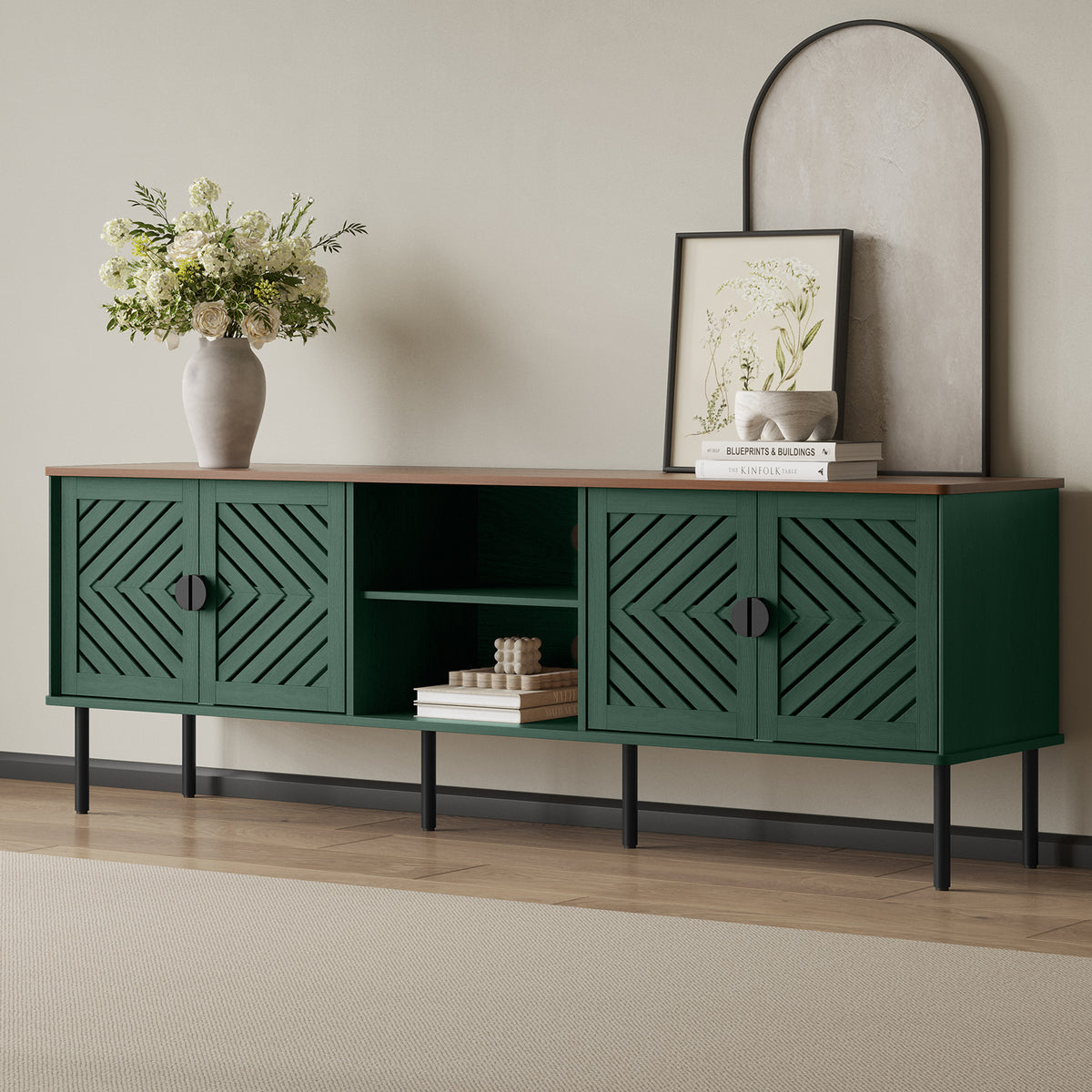 CBJCBJ Modern Mid Century 70" Large TV Stand for 80" TV, Entertainment Center with Storage,Green