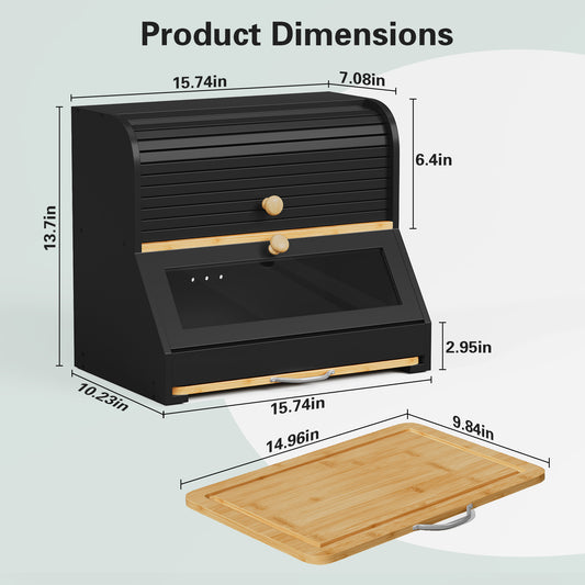 CBJCBJ Natural Bamboo Bread Box with Cutting Board and Roll Top, 2-Tier Large Wood Bread Bin for Kitchen,Black