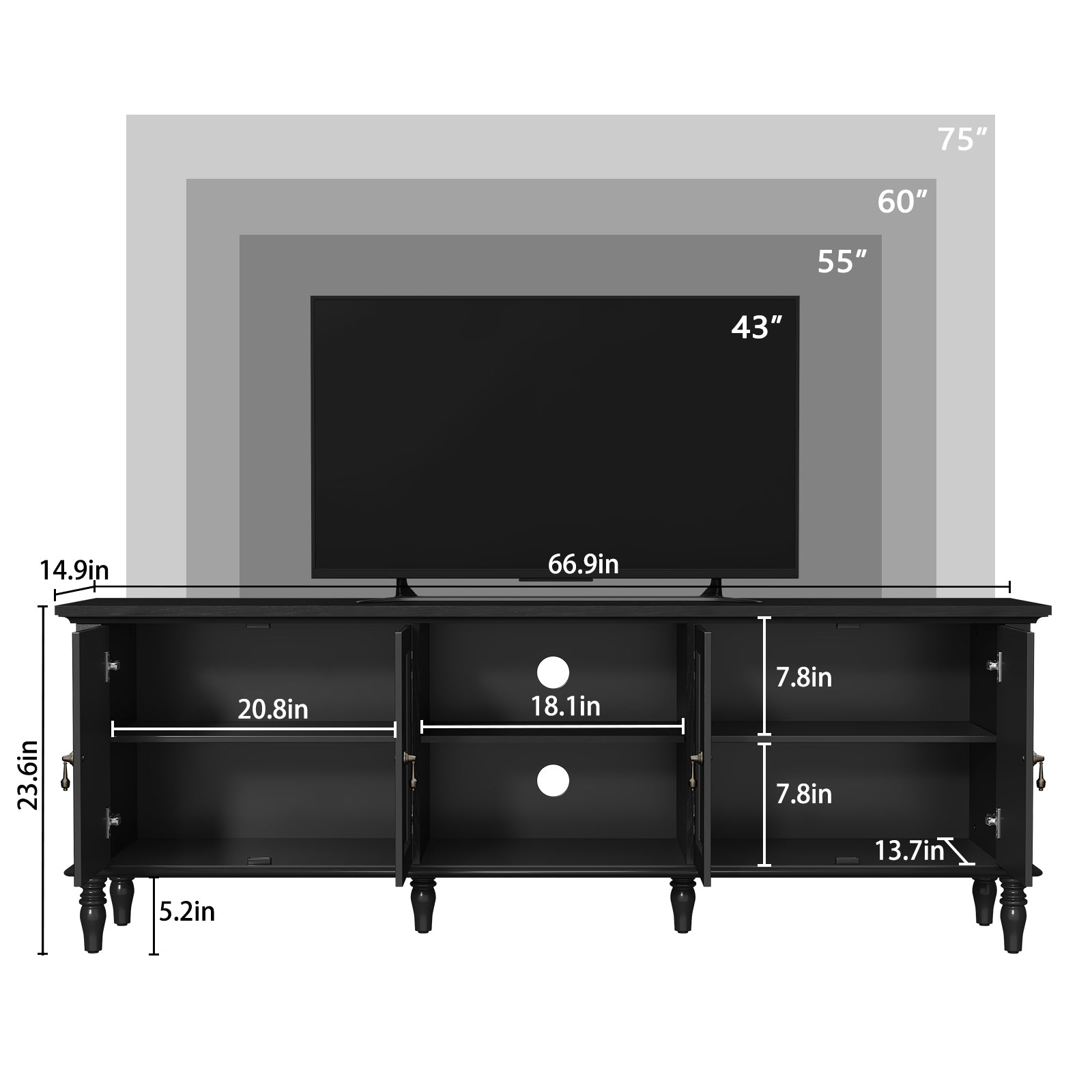 HLR 67" TV Stand, for TVs up to 75", Mid-Century Wood Entertainment Center for Living Room, Black