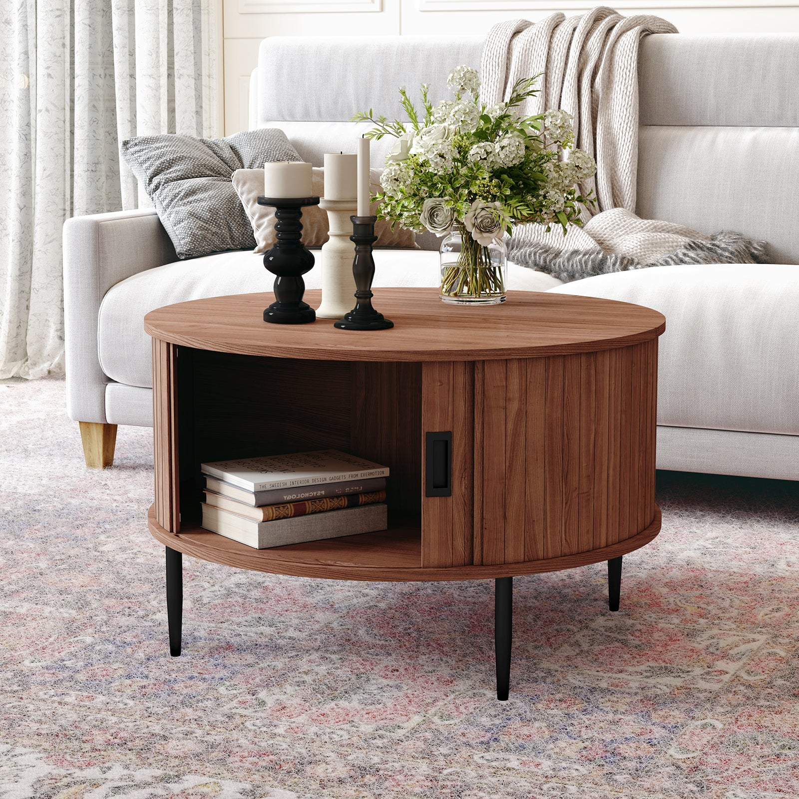 CBJCBJ 31" Modern Round Coffee Table with Sliding Door Storage, Center Table for Living Room, Brown