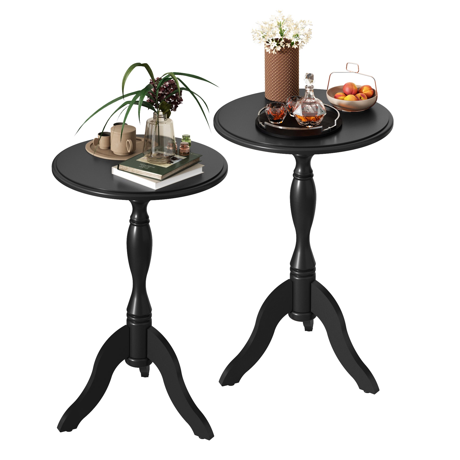 HLR Round Small End Table Set of 2, Wooden Pedestal Side Coffee Table, 2pcs Vintage Accent Nightstand for Living Room, Bedroom, Entryway, Black