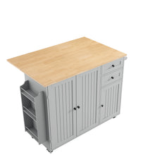 HLR 50.39" Kitchen Island with Storage, Wood Top Cart with Drop Leaf and Wheels, Gray