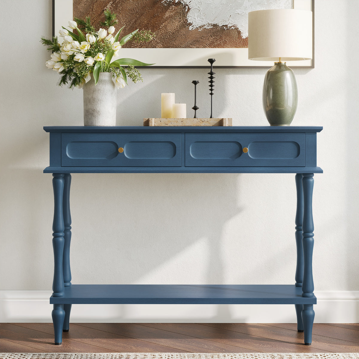 HLR 41" Mid Century Console Tables, Entryway Tables with 2 Drawers, 10 Mins Assembly, Blue
