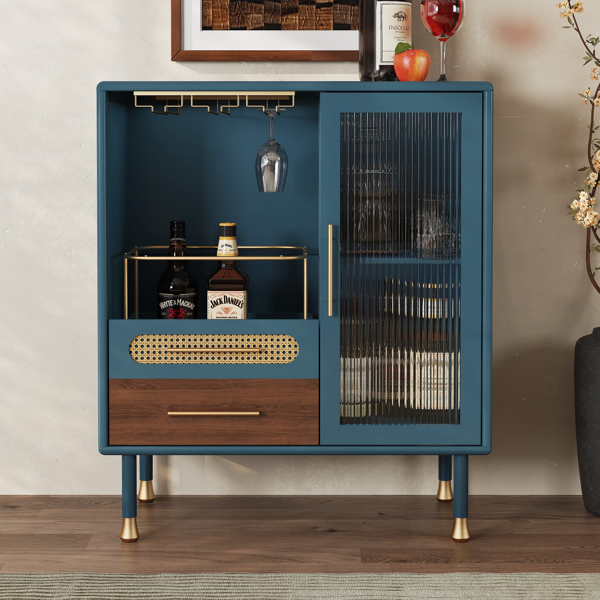 HLR 31.5"W Modern Wine Storage Cabinet with Pull-Out Rack & Tempered Glass Doors – Compact Coffee Bar for Kitchen, Dining Room, Apartment,Blue