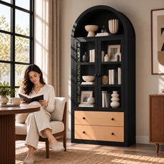 HLR 71" Tall Arched Modern Display Cabinet with Drawers, Curio Bookcases Cabinet with Glass Doors, Black