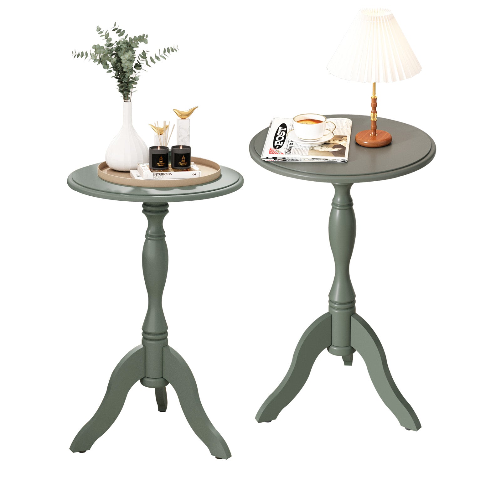 HLR Round Small End Table, Wooden Pedestal Side Coffee Tables, Vintage Accent Nightstand for Living Room, Bedroom, Entryway (2, Green)