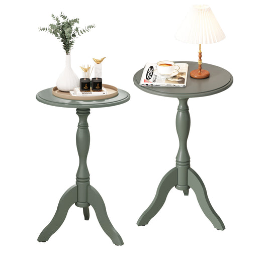 HLR Round Small End Table, Wooden Pedestal Side Coffee Tables, Vintage Accent Nightstand for Living Room, Bedroom, Entryway (2, Green)