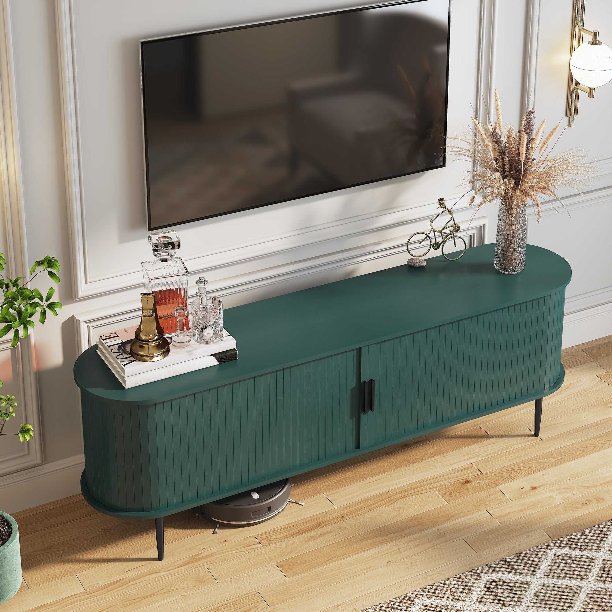 HLR 70" Modern Tambour Door TV Stand up to 80" TVs, Entertainment Center with Storage, Fluted Television Consoles for Living Room,Green