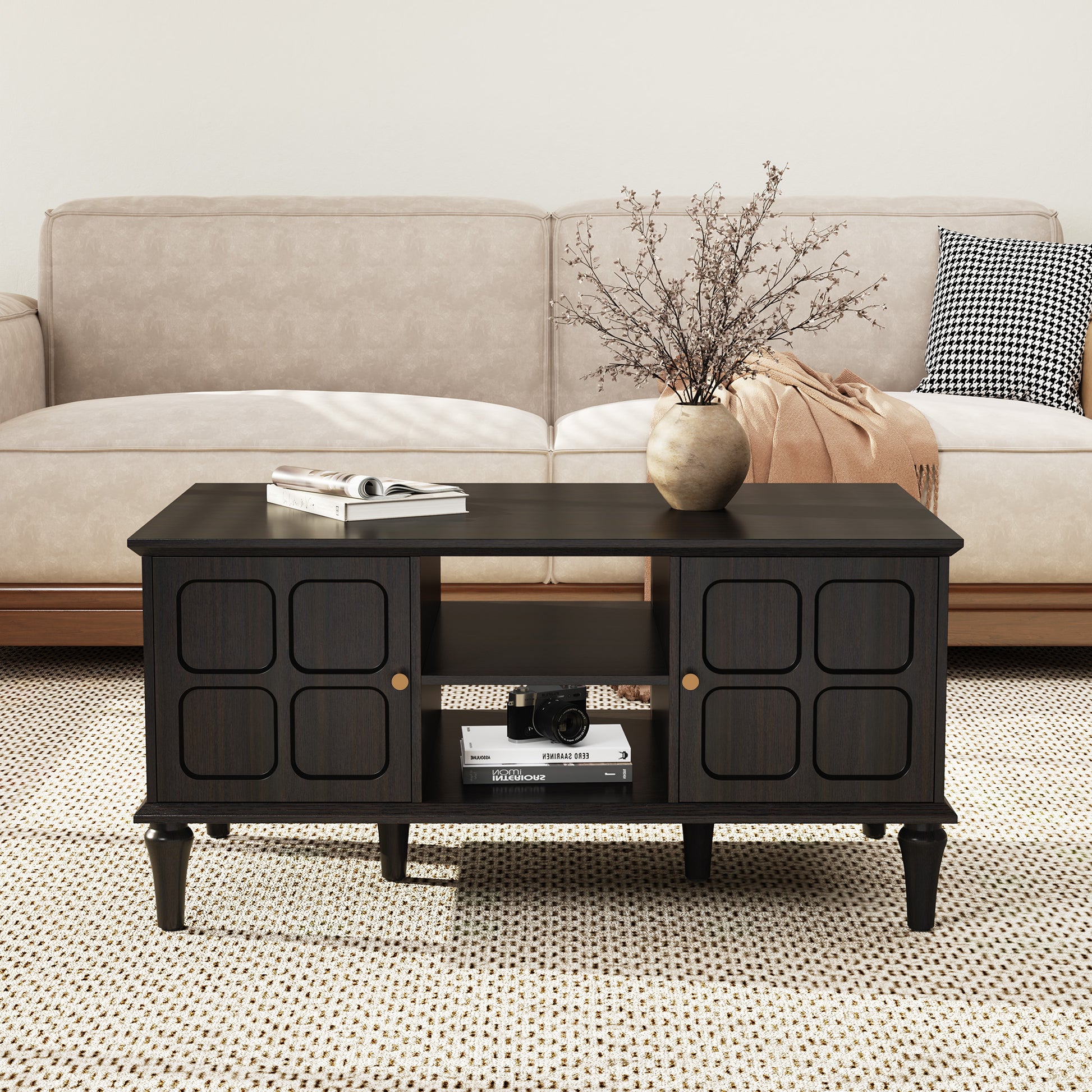 HLR 39.4" Mid Century Coffee Table with Storage, Wood Center Table with Open Shelves for Living Room, Black