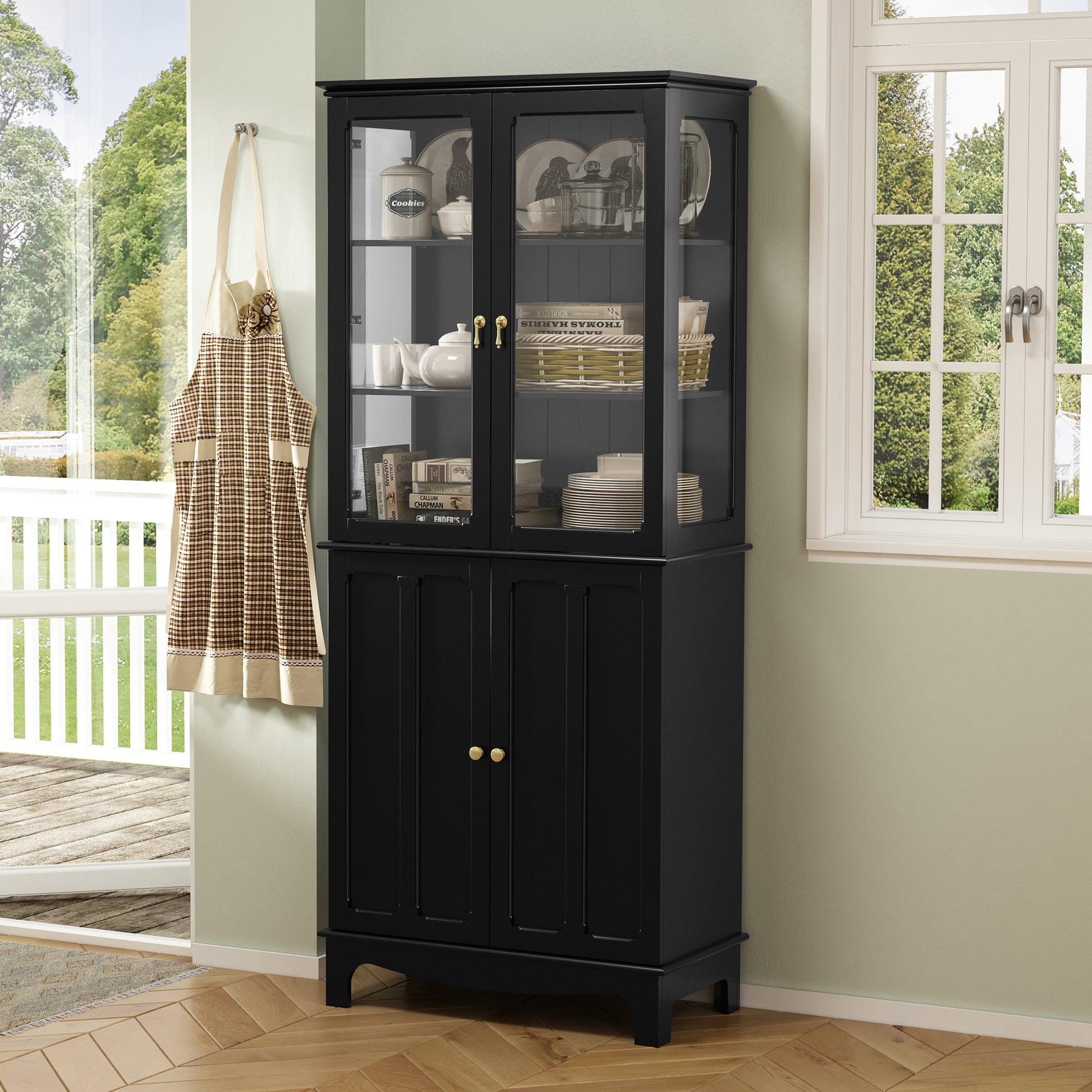 HLR 72" Modern Black Cupboard with Adjustable Shelves, Elegant Storage Cabinet