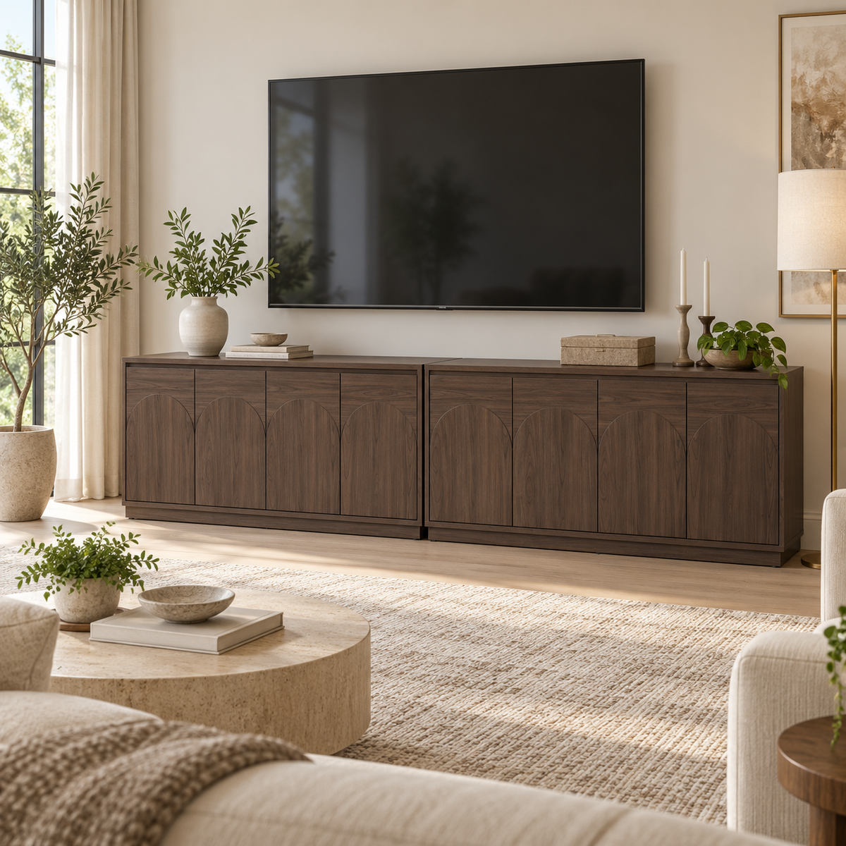 HLR 63'' Sideboard Buffet Cabinet, Mid-Century Wood Accent Cabinet with 4 Doors Storage for Living, Gray