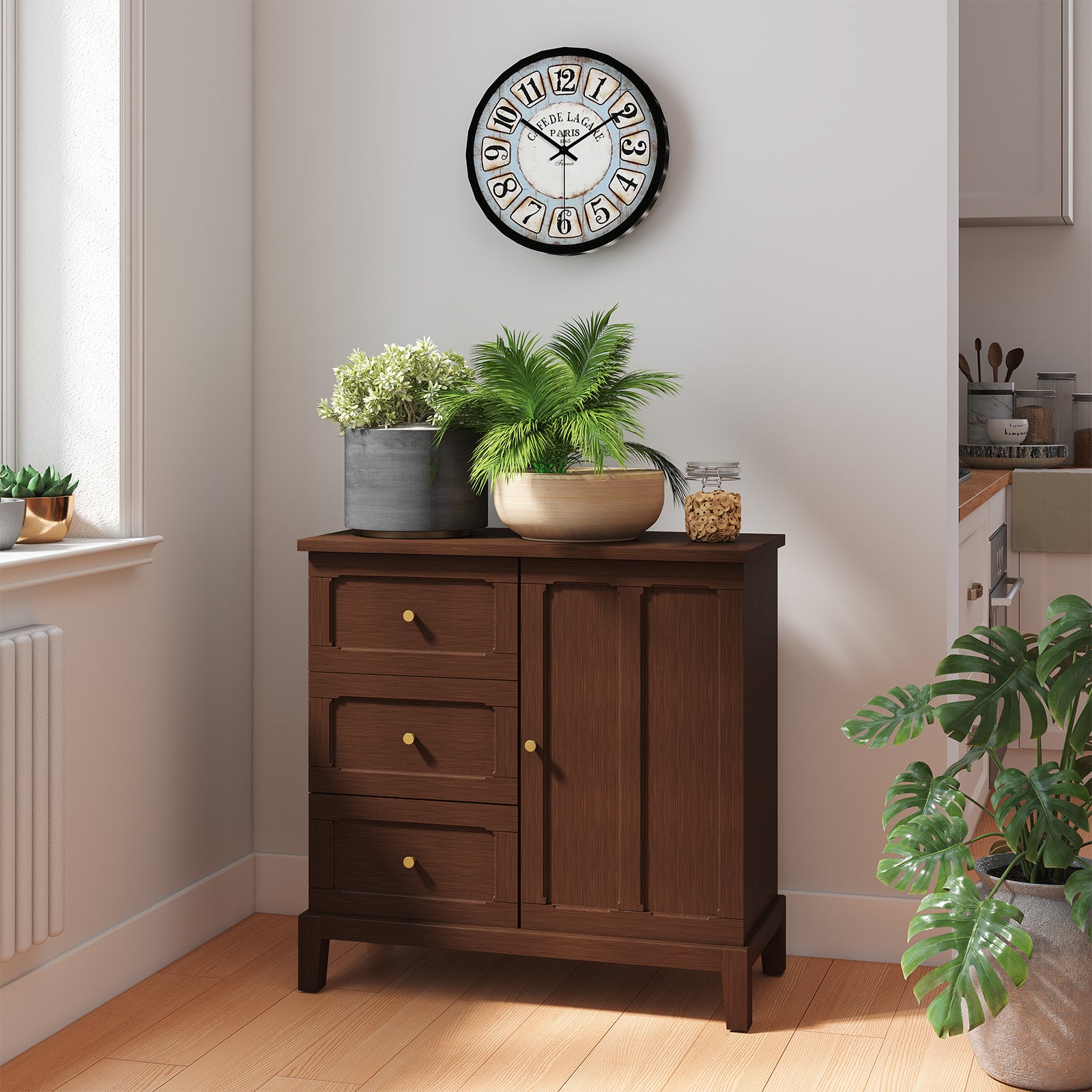 HLR Modern 32"W Accent Cabinet 3 Drawers & Door, Wood Sideboard with Storage for Living Room, Brown
