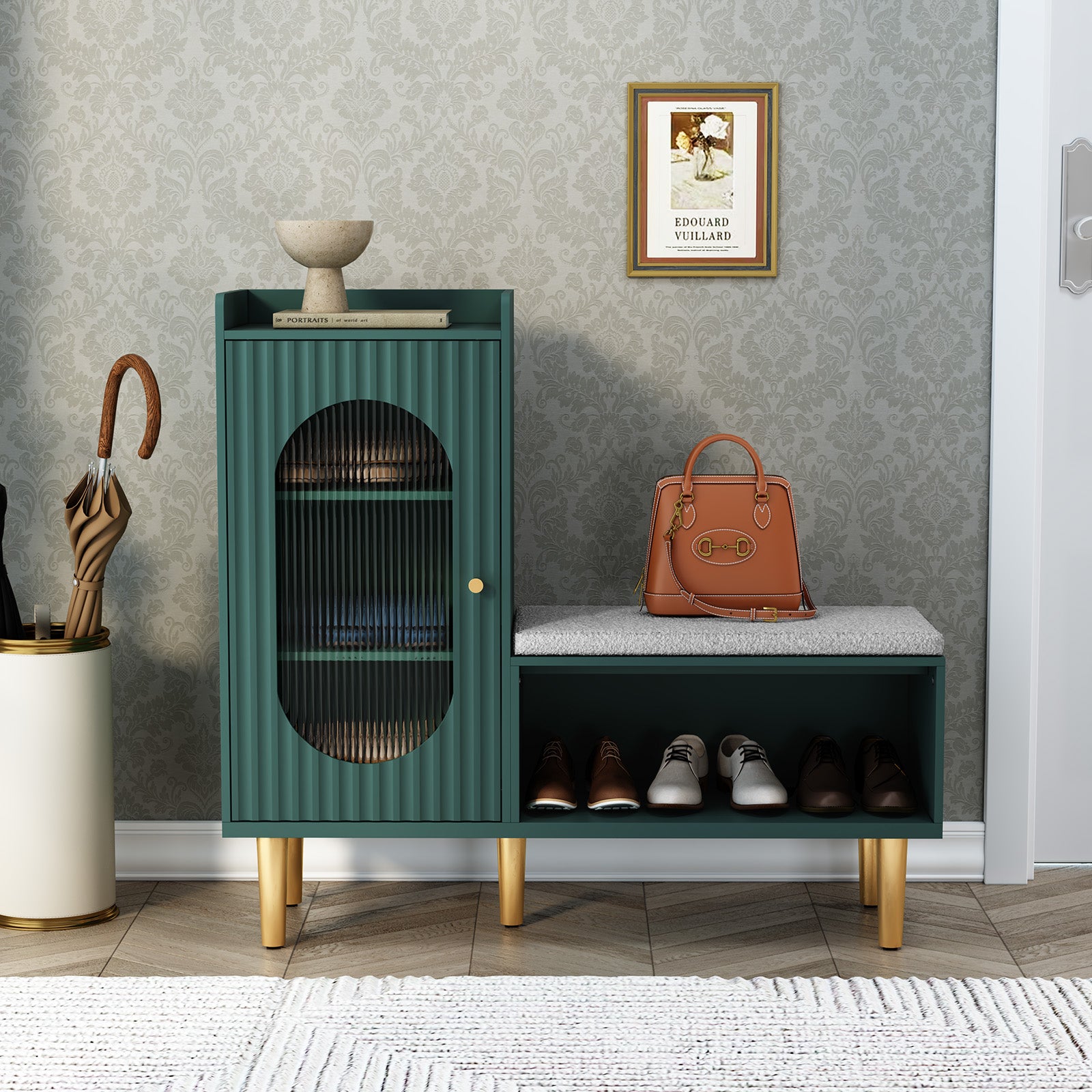CBJCBJ Modern Storage Bench with Glass Door & Shelf - L-Shaped Entryway Cabinet, Padded Seat for Hallway/Bedroom/Office