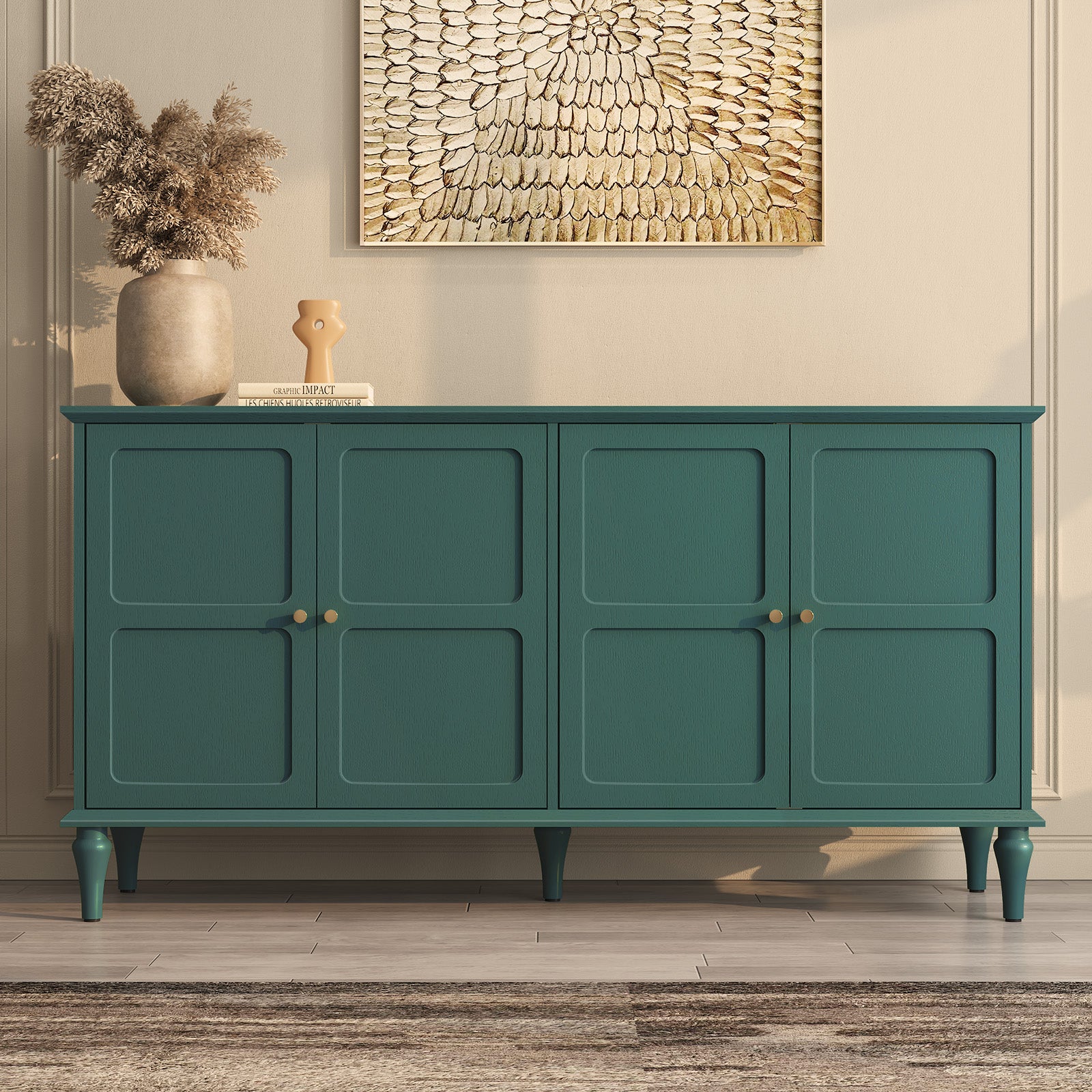 CBJCBJ Mid-Century 58" 4-Door Wood Sideboard Buffet Cabinet with Adjustable partition ，for Dining Room，Green