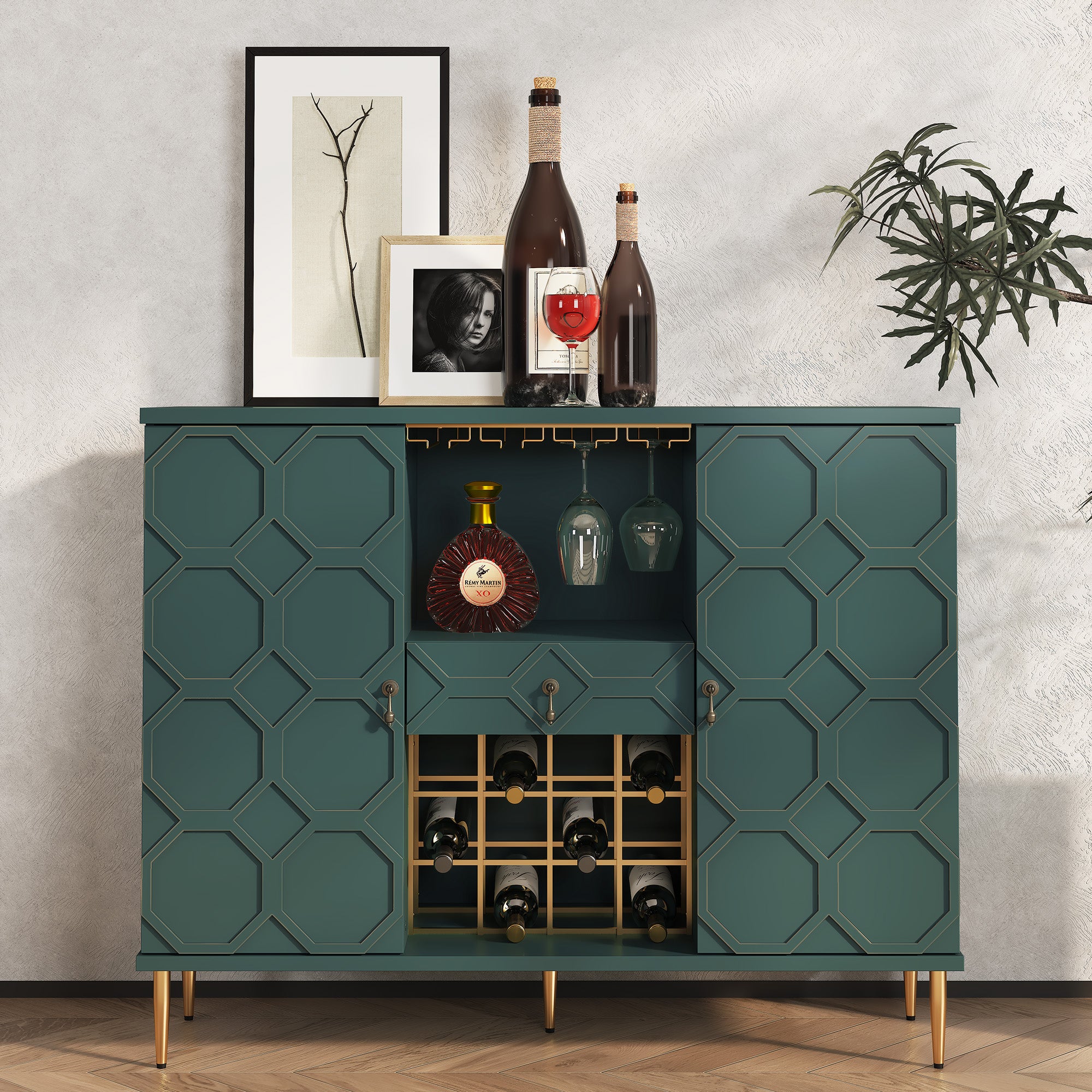 HLR Modern 47.2" Wine Bar Cabinet with Drawer, Geometric Door Buffet Sideboard Coffee Bar for Kitchen, Green