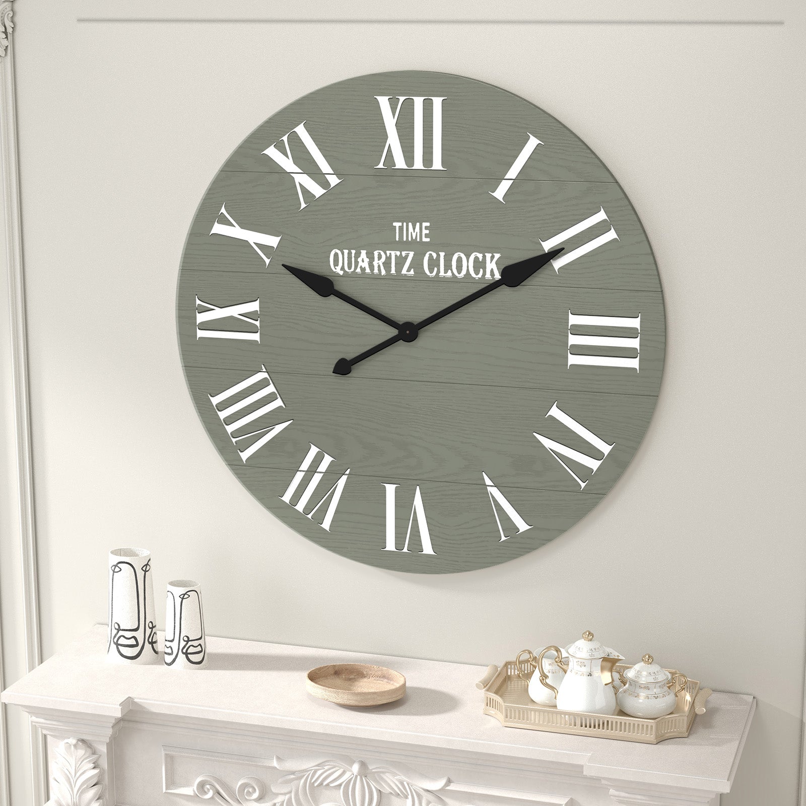 HLR 35.5” Farmhouse Large Shiplap Round Wall Clock with Roman Numeral for Living Room Decor, Green