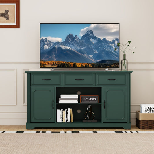 CBJCBJ 60.23" Farmhouse TV Console , 33" Tall Entertainment Center | Up to 65" & Larger TVs | Adjustable Shelf | 3 Drawers & Sliding Barn Doors(Green)