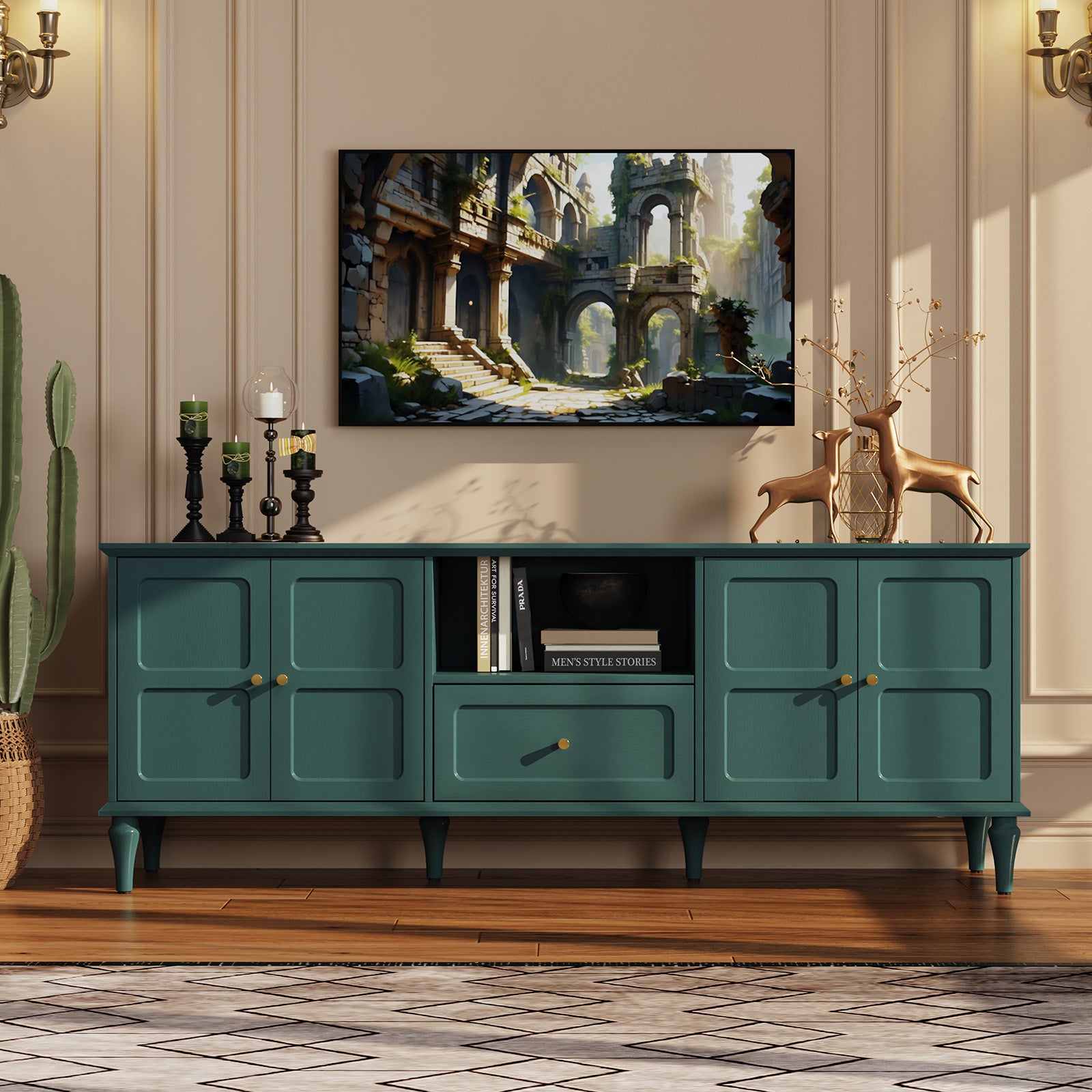 CBJCBJ 67"Mid-Century Modern TV Stand with Storage and Adjustable Partition , Media Console for TVs up to 75", Green