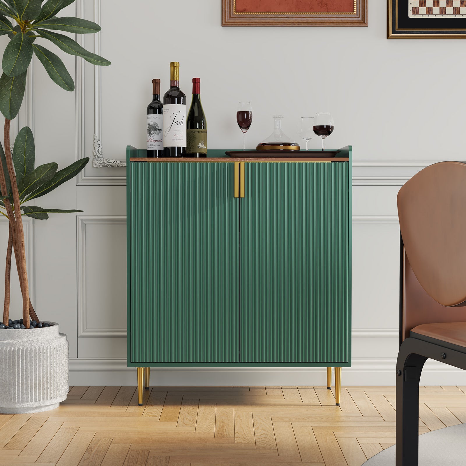 CBJCBJ 32" Wine Bar Cabinet with 2 Door Fluted Texture, Modern Coffee Cabinet with Rack&Glass Holder, , Green