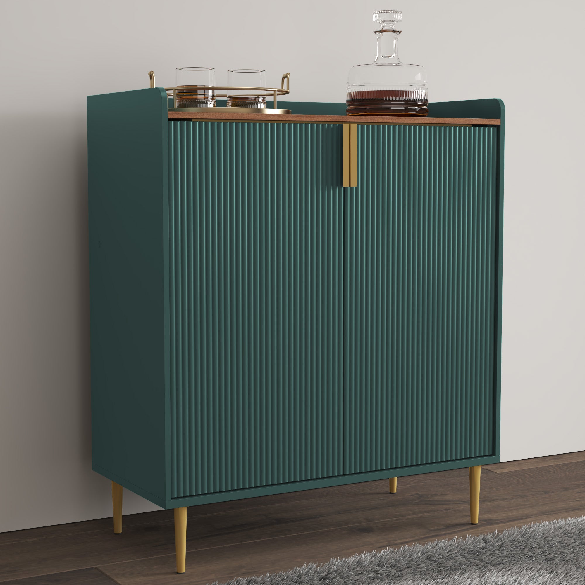 HLR 32"W Wine Bar Cabinet with 2 Door Fluted Texture, Modern Coffee Cabinet with Rack&Glass Holder, Green.