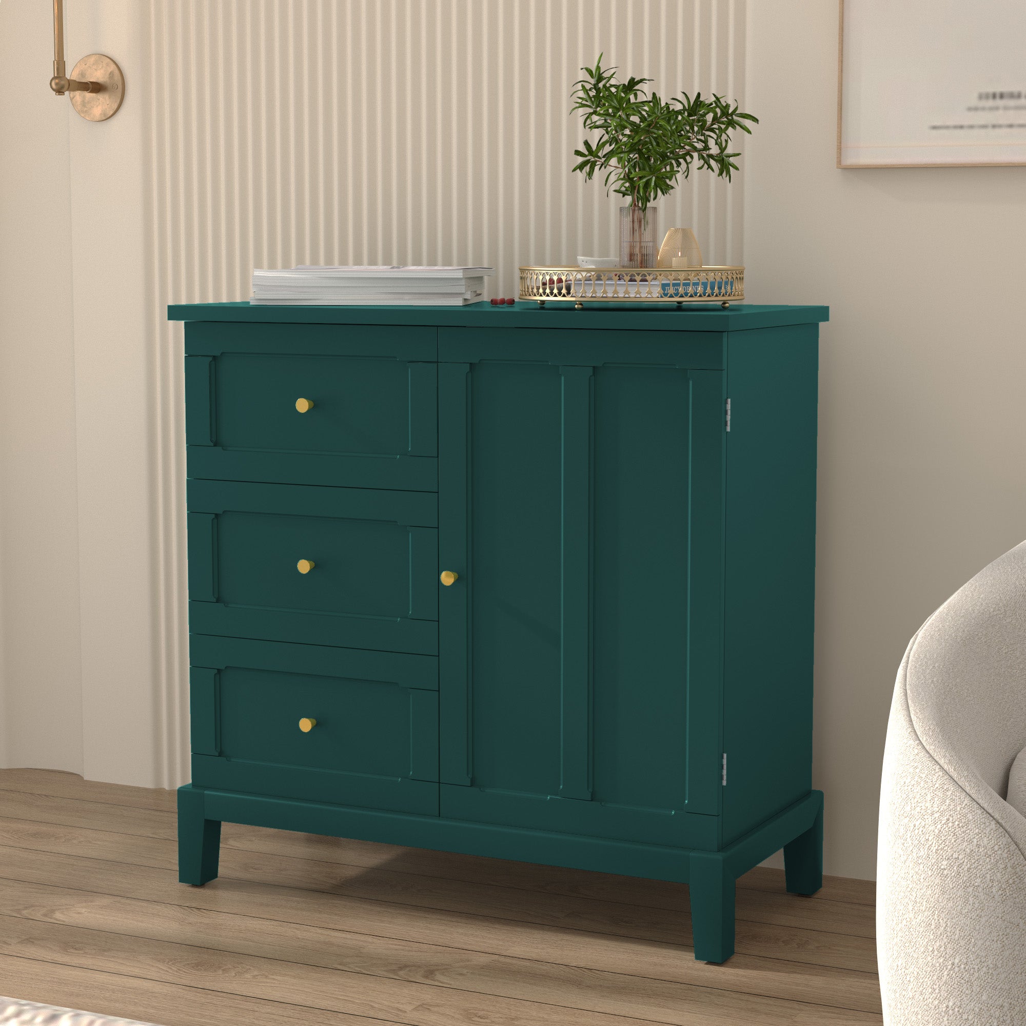 HLR Modern 32" Accent Cabinet 3 Drawers & Door, Wood Sideboard with Storage for Living Room, Green
