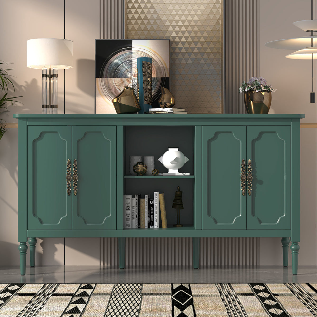 HLR 59" Mid Century Modern Storage Cabinet with Shelf, Vintage Large Sideboard Buffet Cabinet with 4 Doors, Green