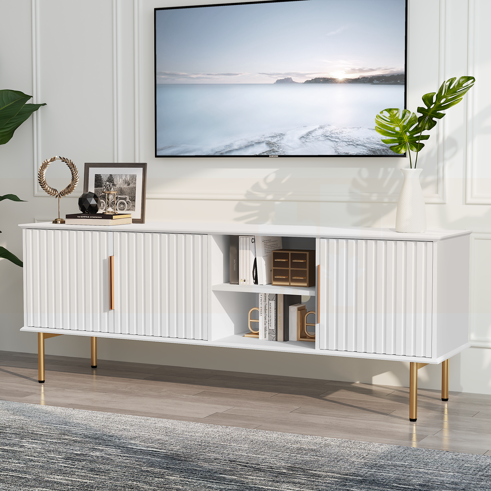 HLR Mid Century Fluted 66" TV up to 75" Stand with Storage, Modern Wooden Entertainment Center Console for Living Room, White