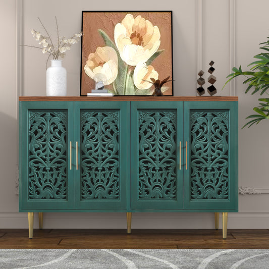 HLR 48" Accent Cabinet with 4 Doors, Vintage Hollow Carving Storage Credenza, Sideboards and Buffets Cabinet for Living Room, Kitchen, Dining Room, Entryway
