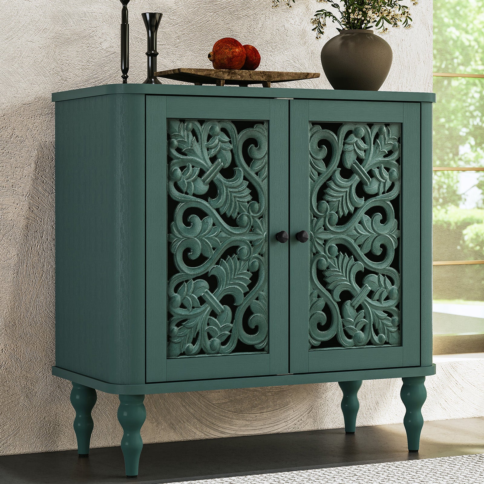 HLR 31.5"W Mid Century Rounded Corners Sideboards Buffets Cabinet with 2 Doors Storage for Kitchen Dining, Green