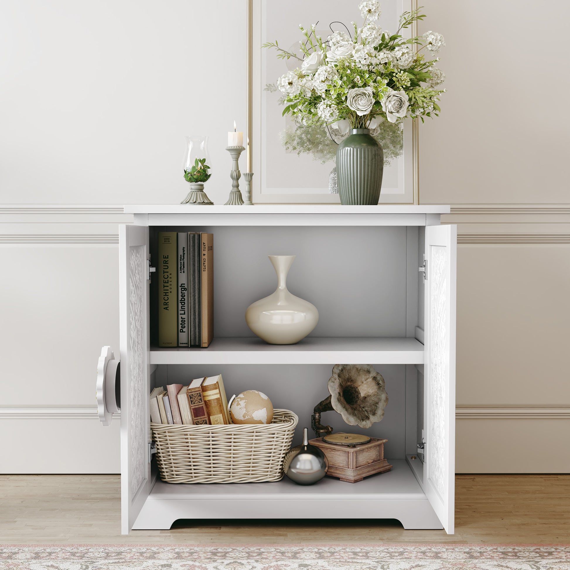 CBJCBJ 31.5" Kitchen Sideboard Buffet Cabinet with 2 Door Storage, Mid-Century Accent Cabinet for Living Room,White
