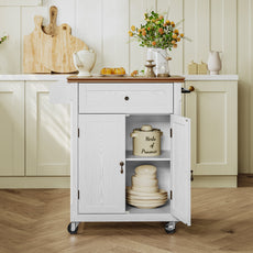 HLR Small Kitchen Islands Table with Storage, Rolling Wood Microwave Cart on Wheels for Dining Room, White