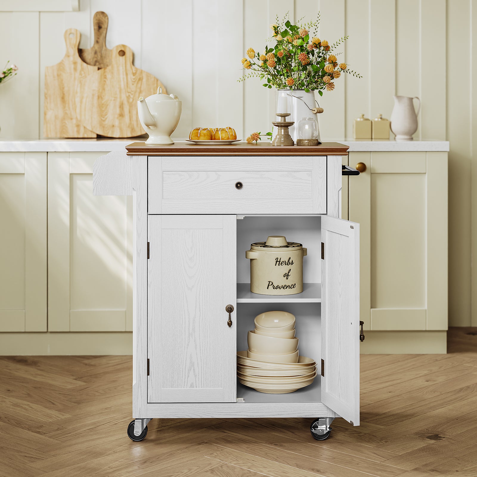 HLR Small Kitchen Islands Table with Storage, Rolling Wood Microwave Cart on Wheels for Dining Room, White