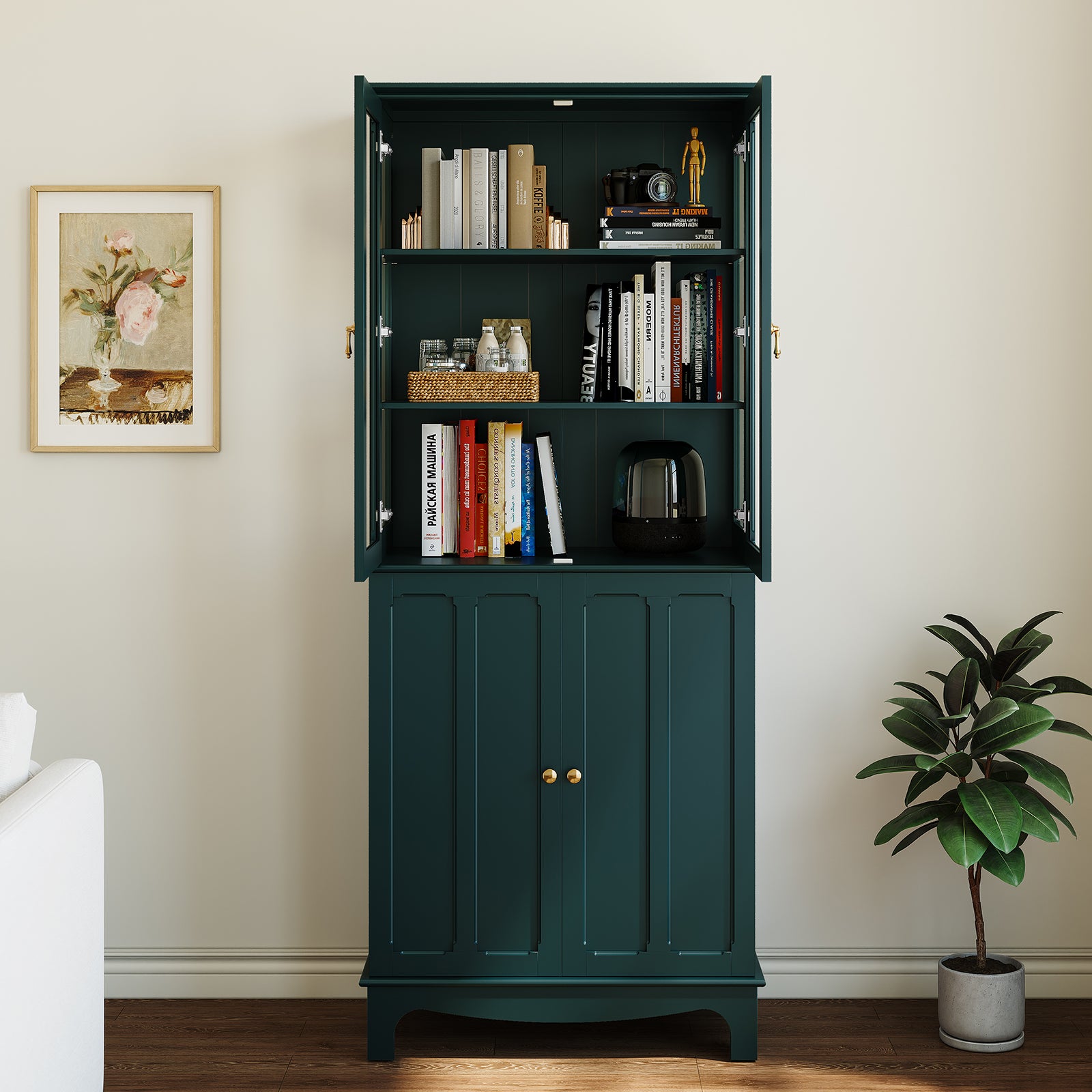 CBJCBJ Modern Bookcase with Storage, Display Cabinet with Glass Doors, Storage Cabinet with Adjustable Shelves,Green