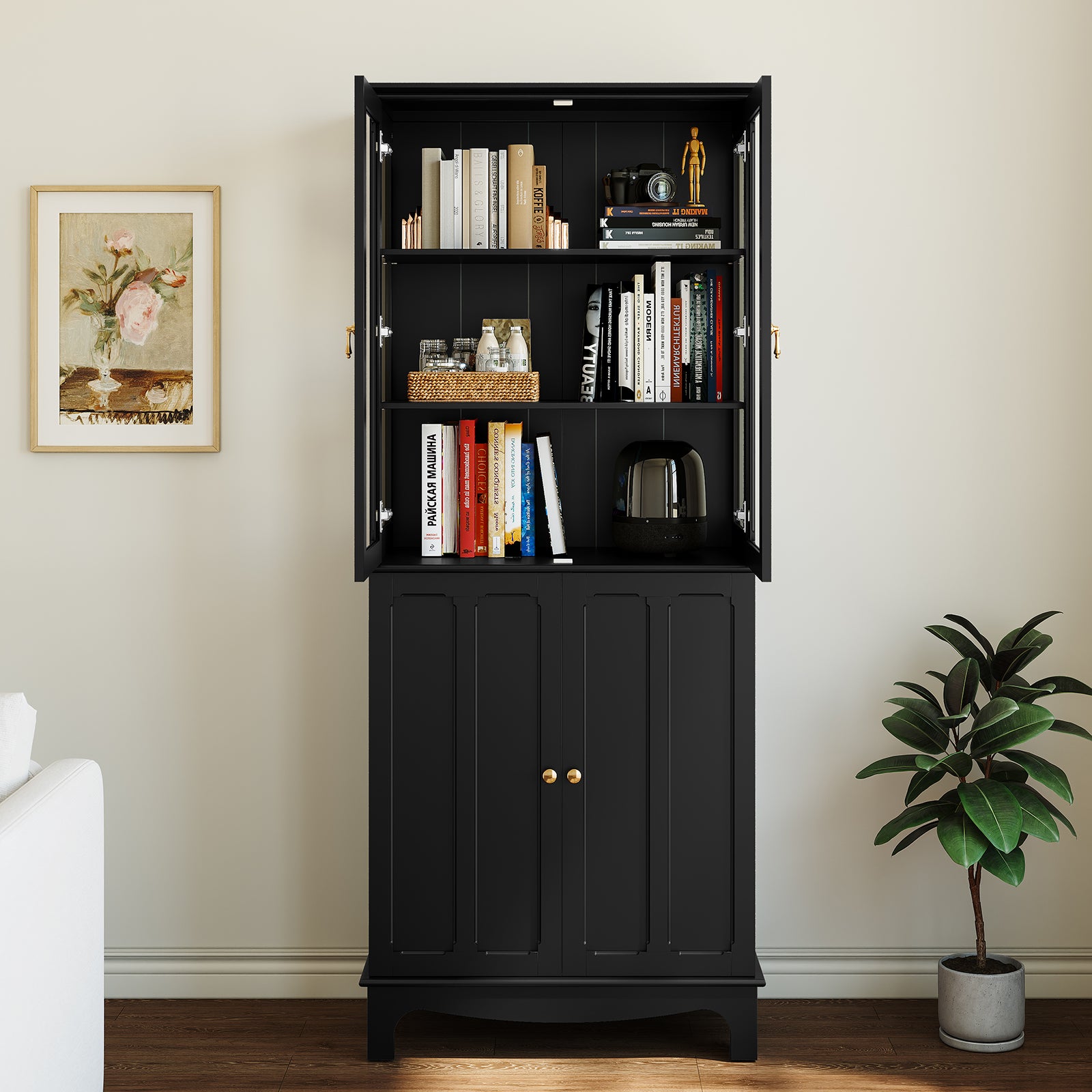 CBJCBJ Modern Bookcase with Storage, Display Cabinet with Glass Doors, Storage Cabinet with Adjustable Shelves,Black