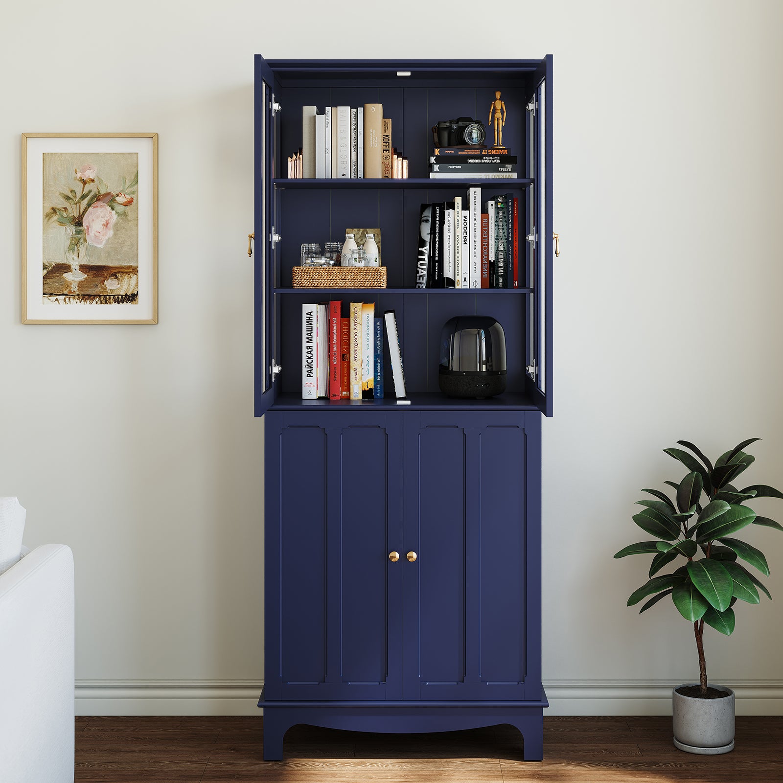 CBJCBJ Modern Bookcase with Storage, Display Cabinet with Glass Doors, Storage Cabinet with Adjustable Shelves,Blue