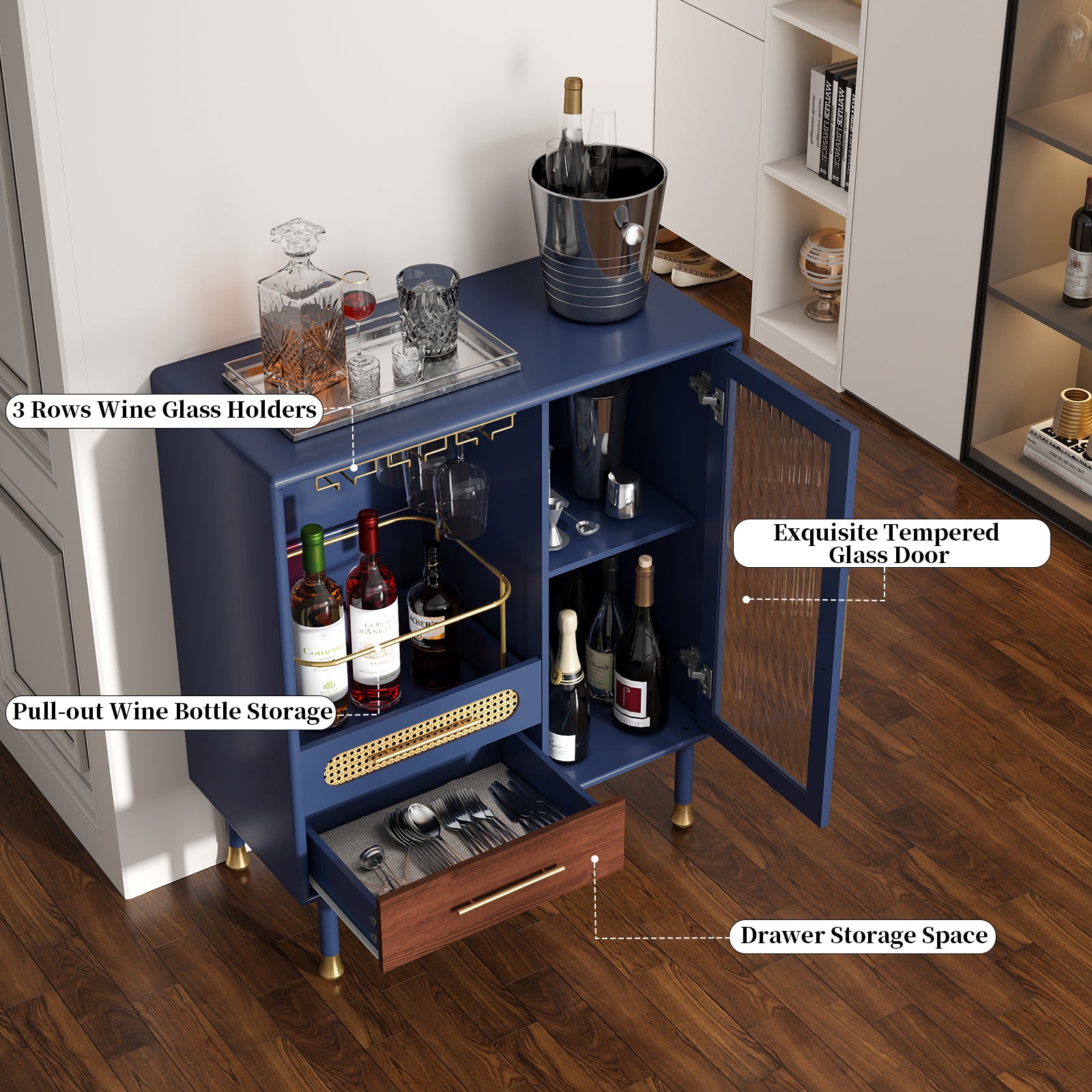 CBJCBJ Modern Coffee Bar Cabinet with Storage, Wine Cabinet with Glass Racks, Sideboard for Living Room,Blue