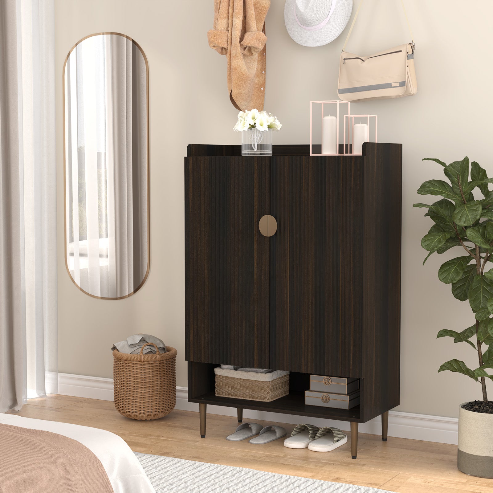 HLR Modern Wooden Shoe Storage Cabinet with 6-Tier Adjustable Shelves, Freestanding Shoe Organizer with Doors for Hallway, Brown