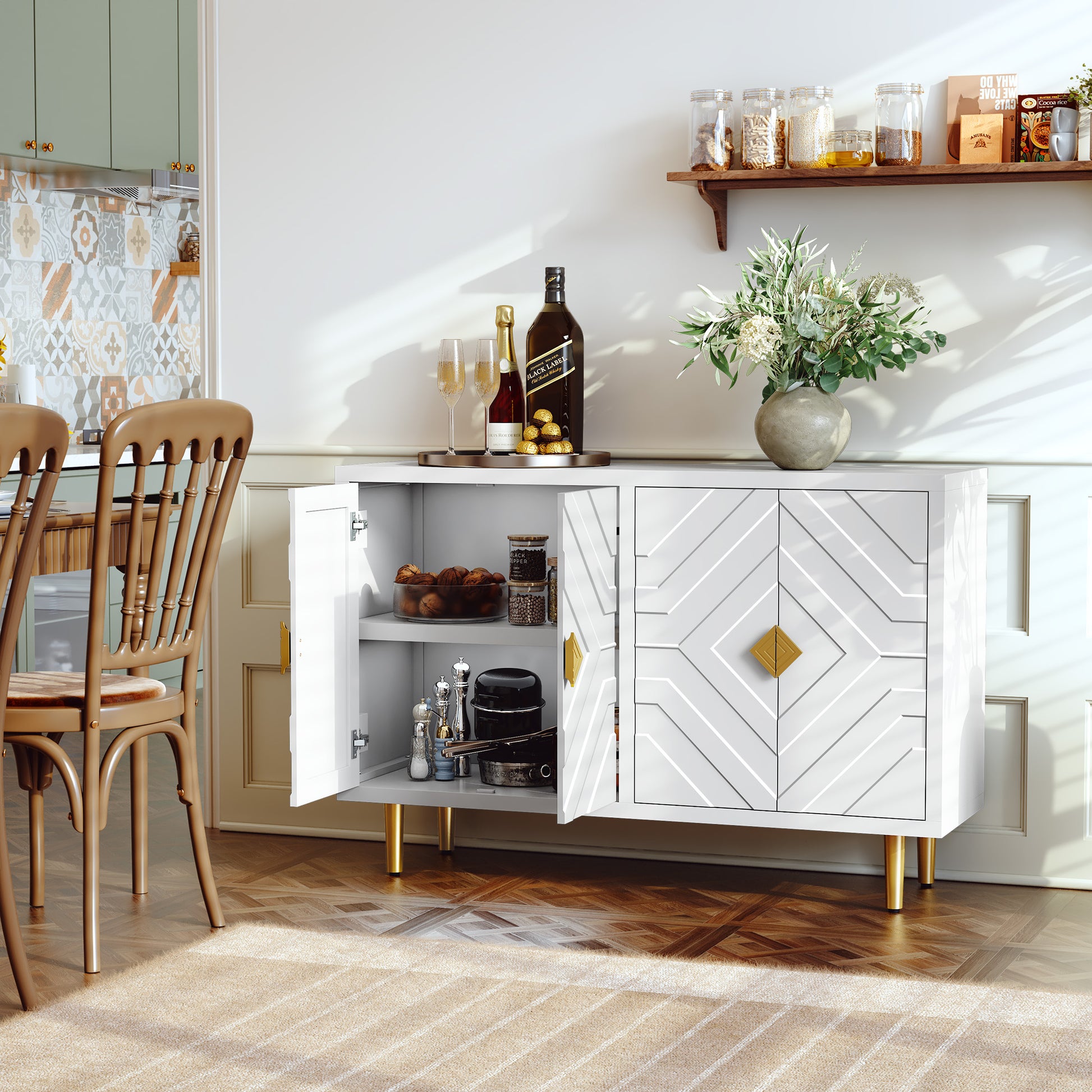 CBJCBJ 48" Modern Accent Sideboard Buffet Cabinet with 4 Doors & Shelves, Credenza for Living Room Storage,White
