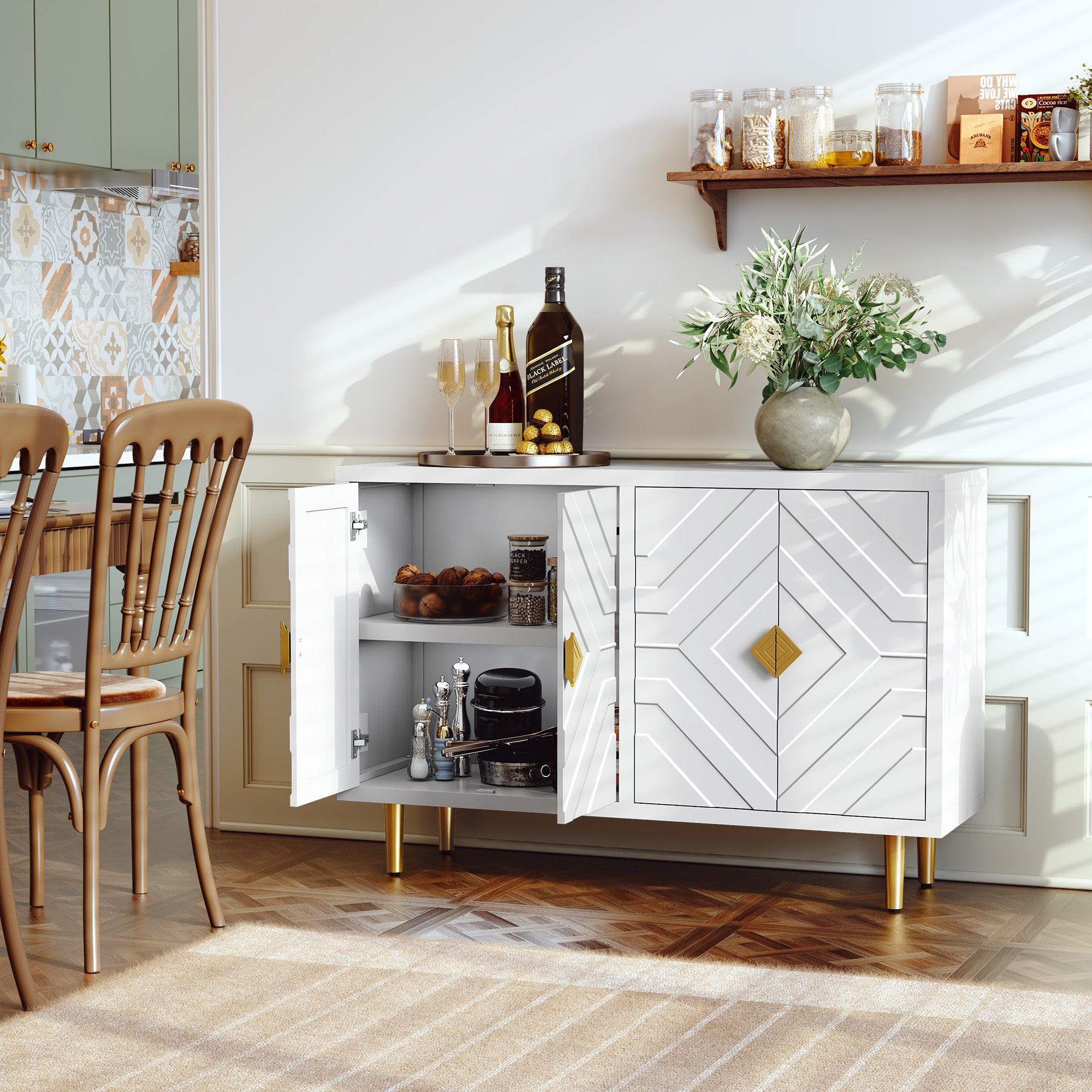 CBJCBJ 48" Modern Accent Sideboard Buffet Cabinet with 4 Doors & Shelves, Credenza for Living Room Storage,White