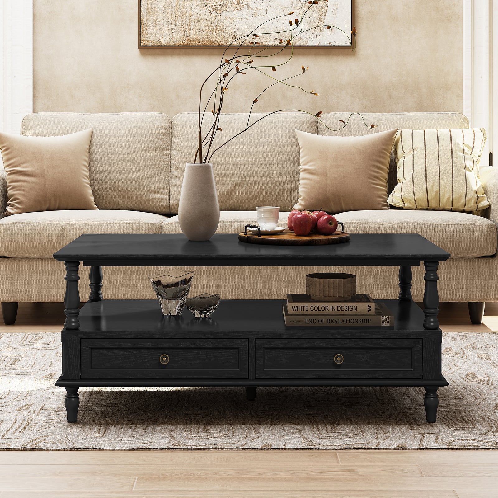 HLR 41" Mid Century Modern Coffee Table with Drawer Storage, Assembled Wood Center Table for Living Room, Black