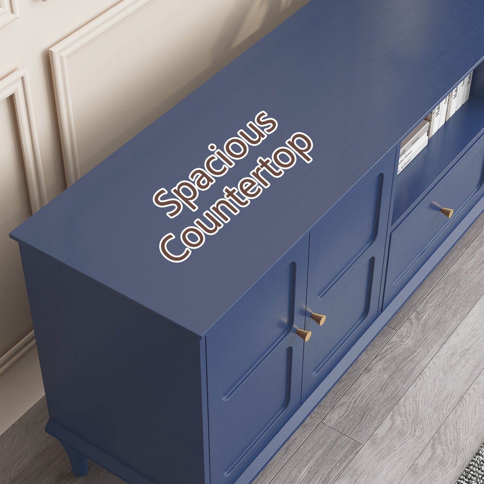 HLR Mid Century 67" TV Stand, for TVs up to 75", Living Room Entertainment Center with 4 Door Storage Cabinet, Navy Blue