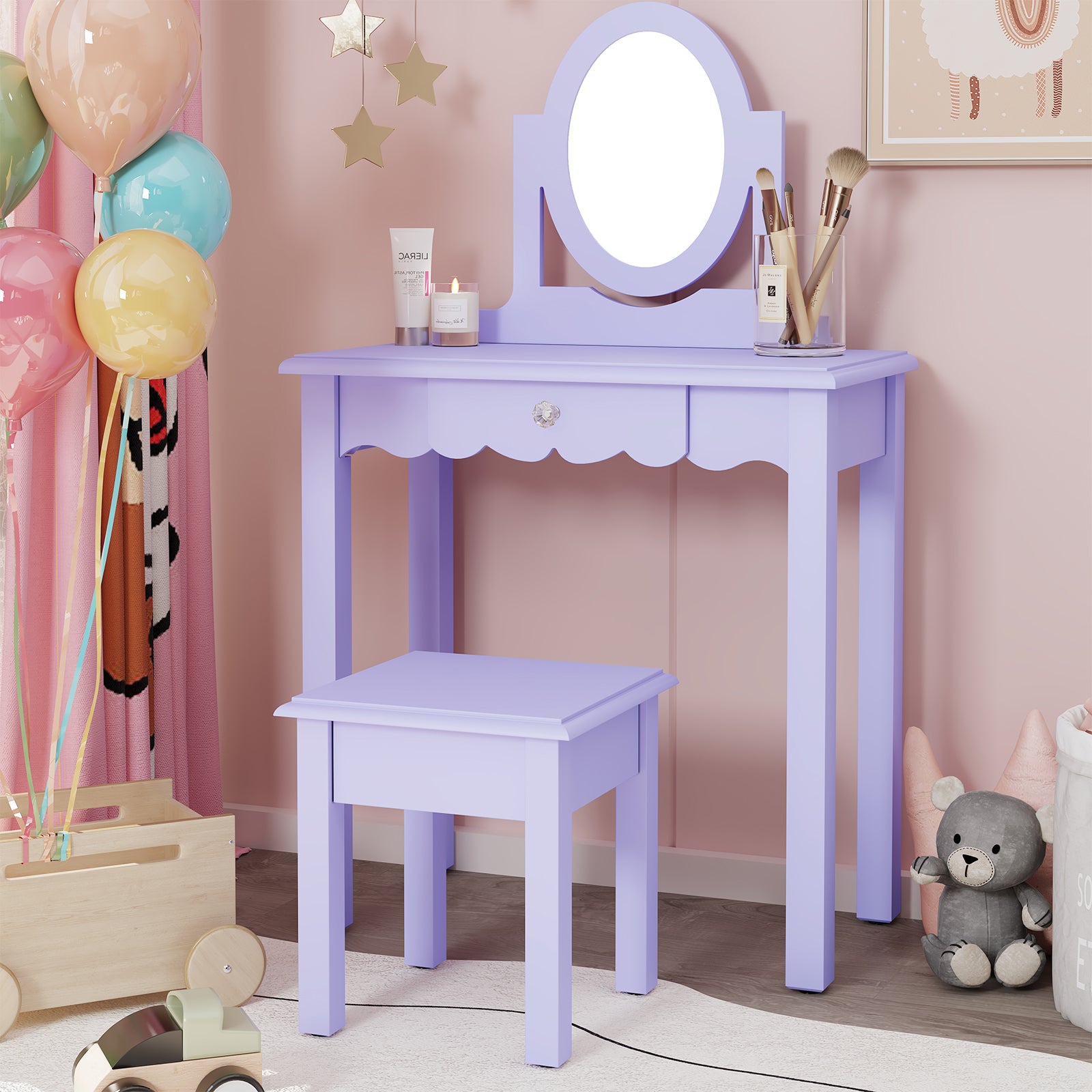 CBJCBJ Kids Vanity Set with Mirror and Stool（Detachable Top）, Wooden 2 in 1 Princess Makeup Desk Dressing Table