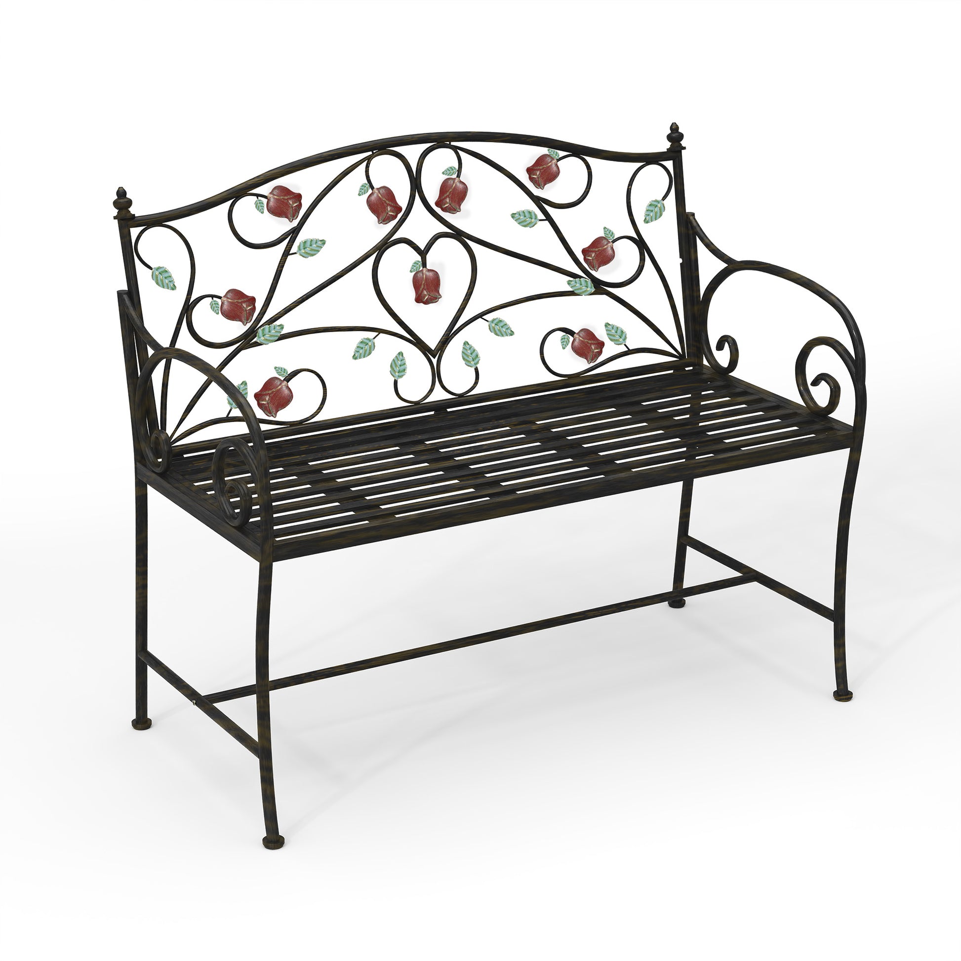 HLR Farmhouse Outdoor Bench with Rose Pattern, 41.7'' Metal Frame Patio Garden Chair Cast Iron, Black