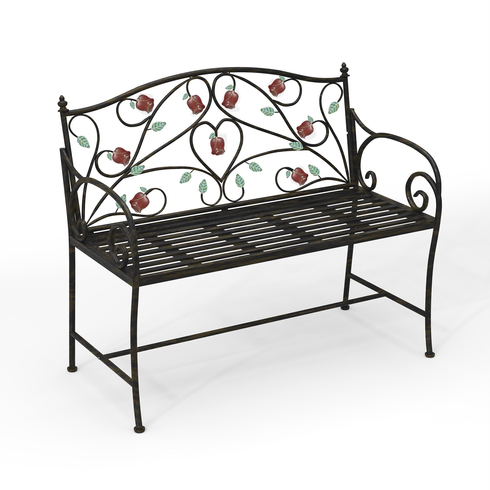 HLR Farmhouse Outdoor Bench with Rose Pattern, 41.7'' Metal Frame Patio Garden Chair Cast Iron, Black
