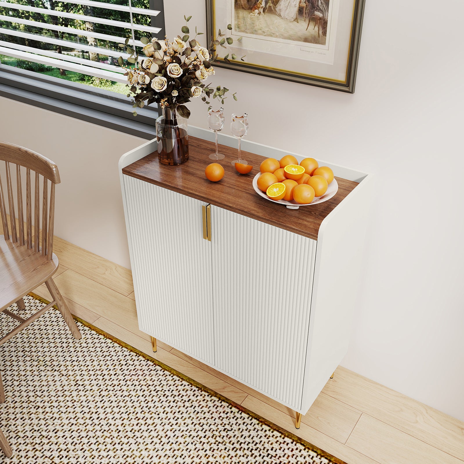 HLR 32"W Wine Bar Cabinet with 2 Door Fluted Texture, Modern Coffee Cabinet with Rack&Glass Holder, White.