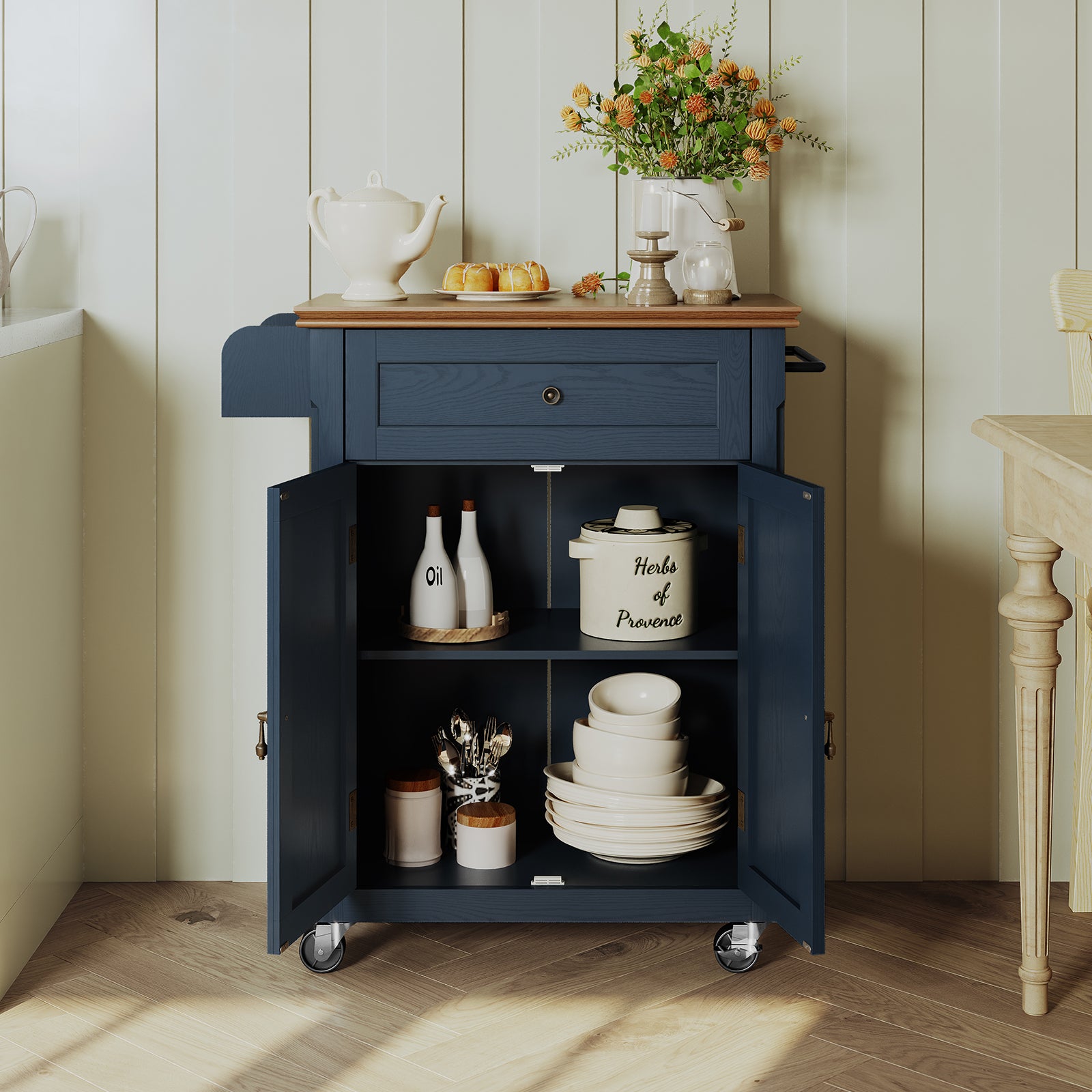 HLR Small Kitchen Islands Table with Storage, Rolling Wood Microwave Cart on Wheels for Dining Room, Blue